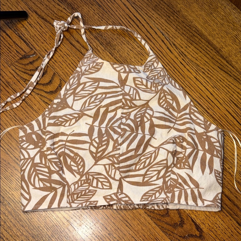 House of Harlow 1960 Cream and Brown Leaf Print Halter Crop Top